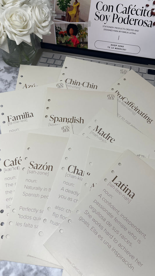 Must add to your agenda, these cards feature 12 different funny definitions for spanglish words, printed on sturdy cream-colored cardboard. Fits any A5 agenda.
